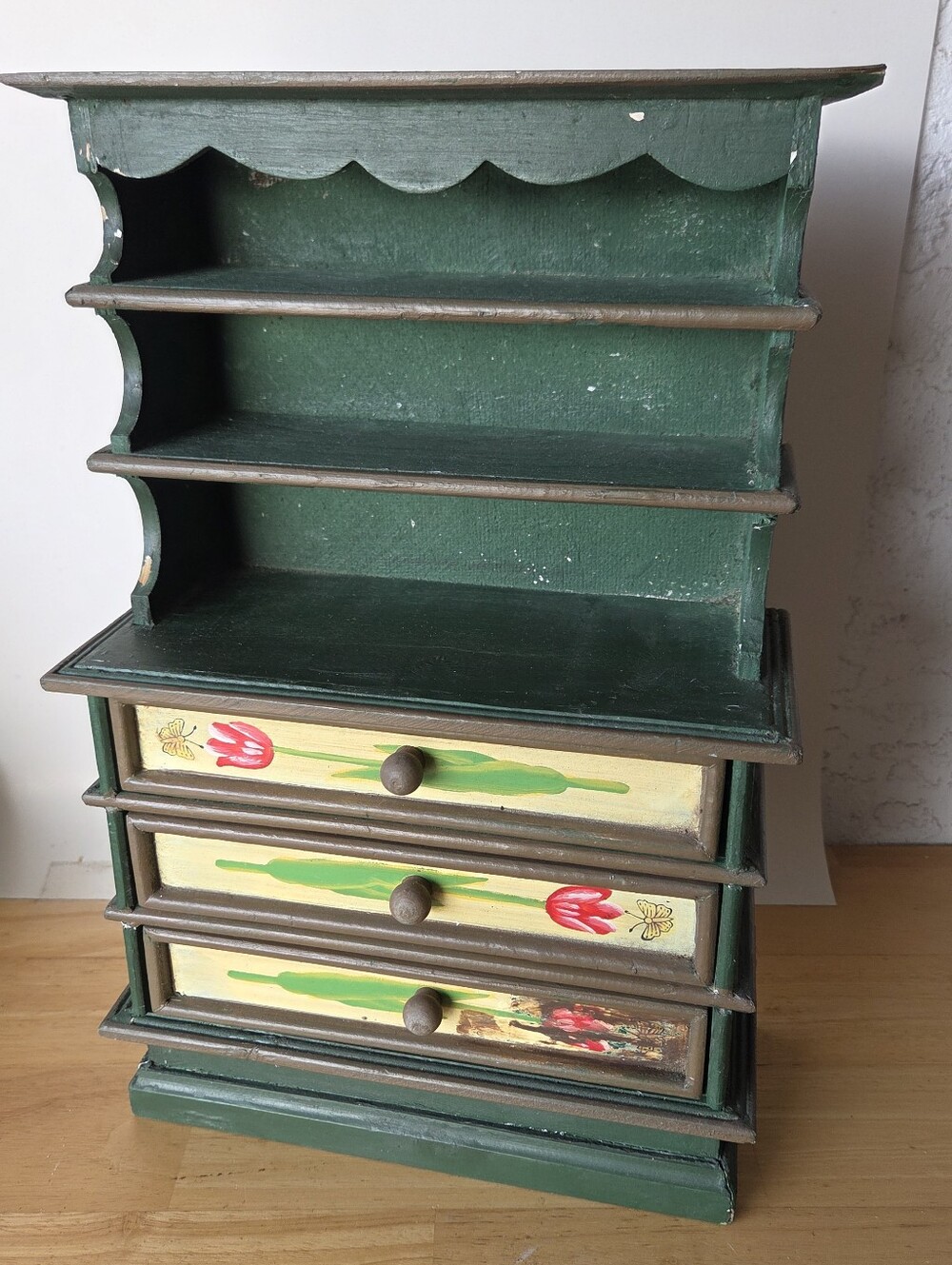 Folk art wooden miniature hutch common for dollhouses decorative kitchen display